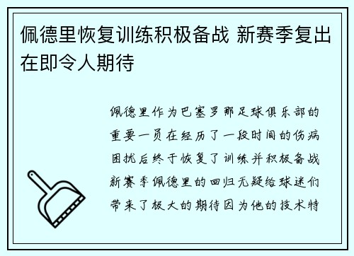 佩德里恢复训练积极备战 新赛季复出在即令人期待 佩德里恢复训练积极备战 新赛季复出在即令人期待
